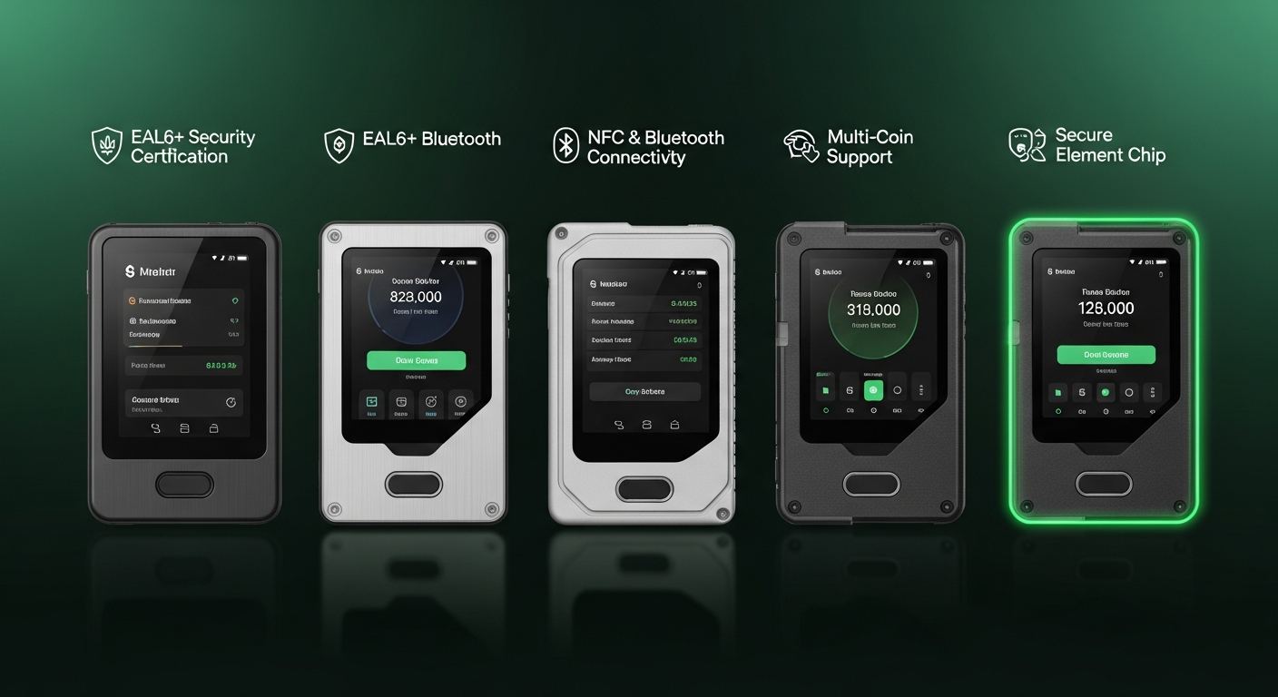 Trezor hardware wallet advanced security features overview showing dual secure element architecture, post-quantum cryptography, Shamir Backup, and Bluetooth connectivity